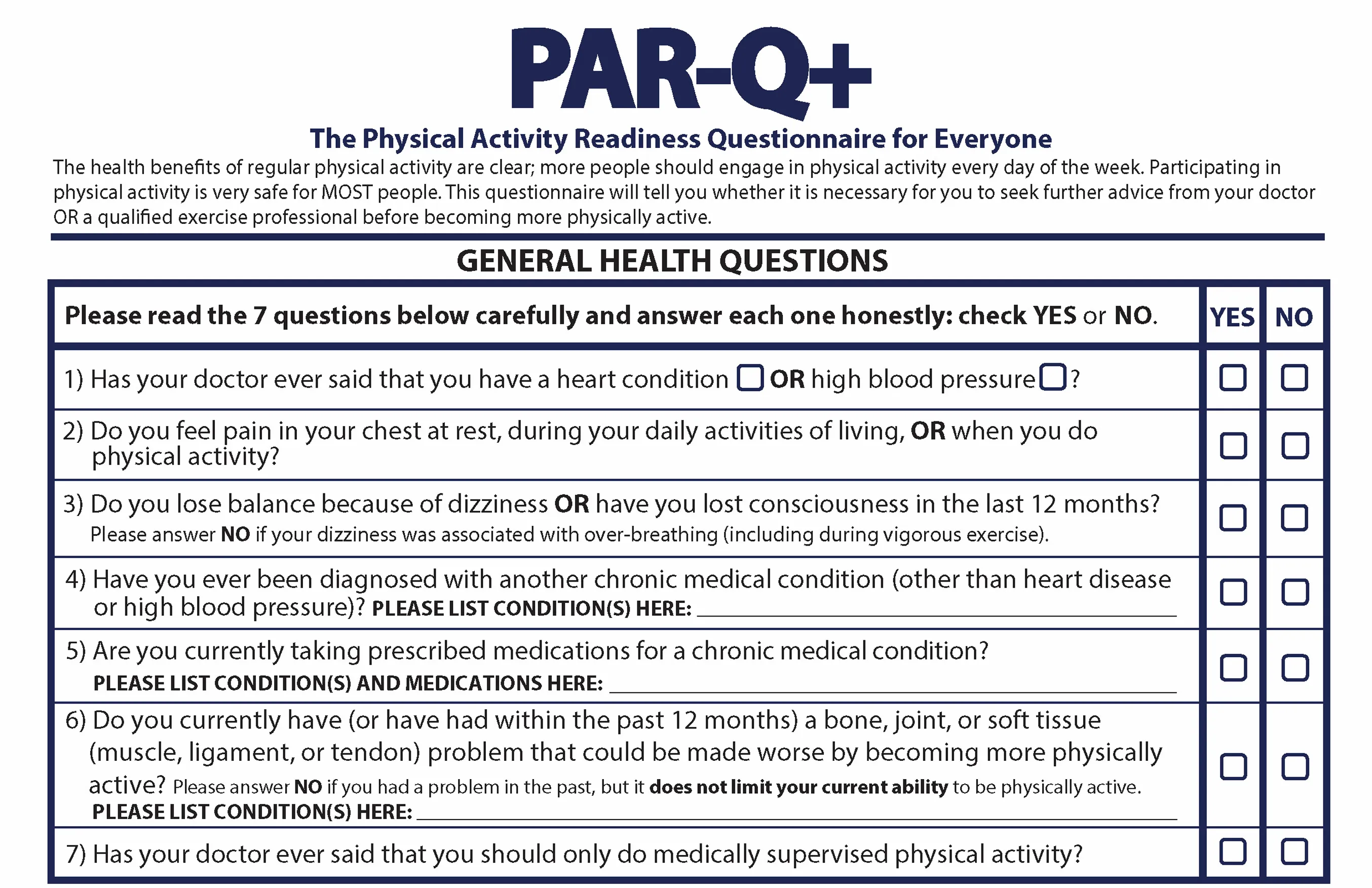 PAR-Q+ 問卷第一頁的一般健康問題表格，7 道英文題目右側各有 YES 與 NO 兩個勾選方框
